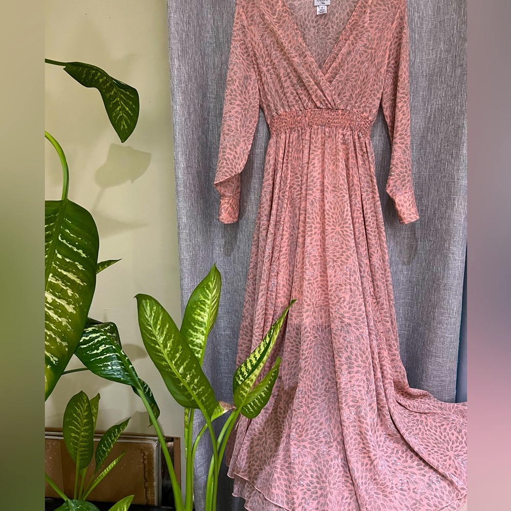 Alexa B Nites Dress Women Size 4 Maxi Shimmery Sheer Pink and Gray Stretch Waist
